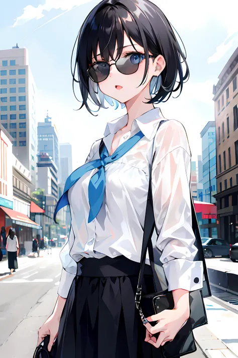 1girl, short black hair, blue eyes, wearing white blouse, wearing sunglasses, open-mouthed, city, absurdres, high res, ultrasharp, 8K, masterpiece, looking at viewer