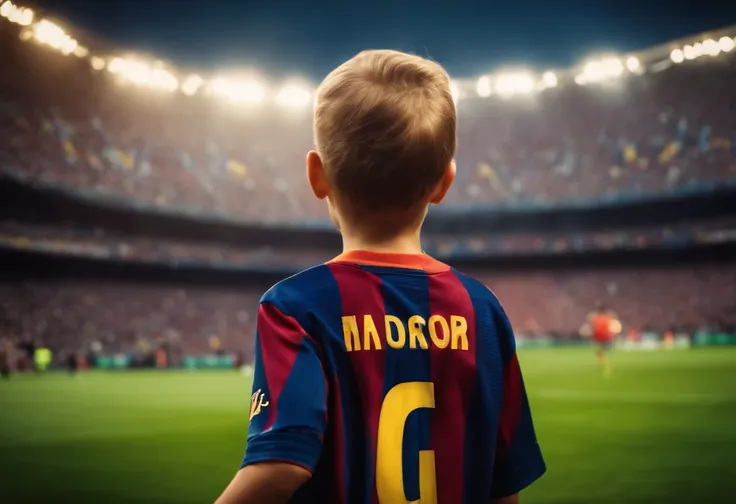 A 6 YEAR OLD CHILD WEARING THE FC BARCELONA JERSEY WAVING THE FC BARCELONA FLAG, intricate details, HDR, beautifully shot, realistic, sharp focus, 64 megapixels, perfect composition, high contrast, cinematic, 8K, CAUCASIAN, GOLDEN HAIR, BLUE EYES