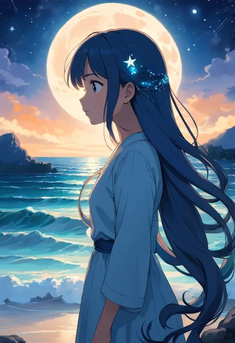 A breathtaking scene unfolds as the moonlight casts a luminous glow on a deserted beach, painting the sky with a tapestry of twinkling stars. At the center of this ethereal moment, A young woman with long cascades of hair sits in deep meditation. Its tranq...