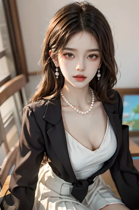 ((cowboy shot)), ((Parallel perspective)), ((realistic)), 1girl, Asian model, slim, ((Black suit, Business suit, tiese, White pleated skirt)), Campus style, ‎Classroom, sitting on the classroom desk, (warm lights, a warm color palette), Detailed details, u...