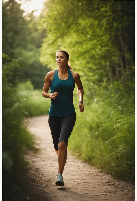 A woman jogging along a scenic riverside trail:
Visualize a picturesque riverside trail bordered by lush greenery. A young woman, dressed in vibrant athletic wear, gracefully jogs alongside the clear river. Her ponytail sways with each step, and a look of ...