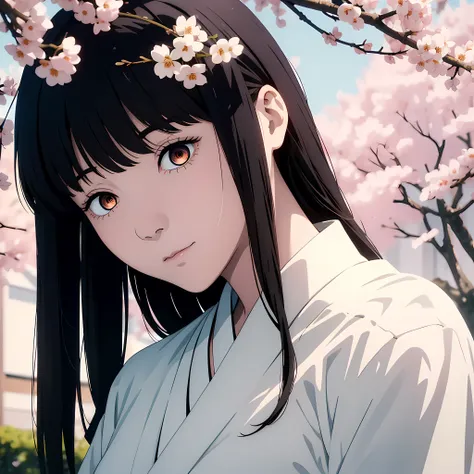 1girl, pale woman, long black hair, haori, japanese clothes, white clothes, beautiful face, sakura trees, sakura blossom, upper body, slight smile, closed mouth, looking at viewer, from below, masterpiece, best quality, high detailed illustration, high det...