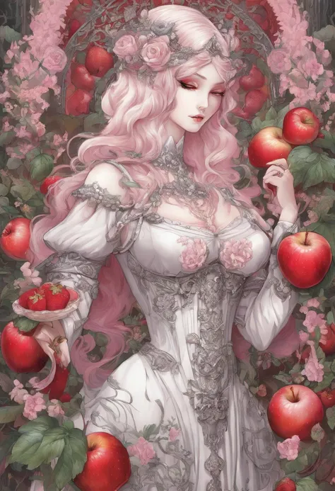 ( Absurd , High quality , Ultra detailed, Masterpiece, concept-art, smooth, high detail artwork, hyperrealistic painting ) , apples，Strawberry, Pink big breasts , cute big breasts , Whole body , Romantic , Vivid