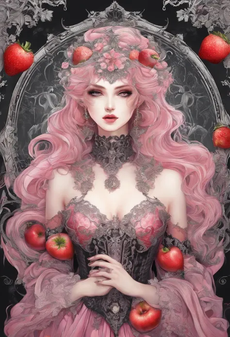 ( Absurd , High quality , Ultra detailed, Masterpiece, concept-art, smooth, high detail artwork, hyperrealistic painting ) , apples，Strawberry, Pink big breasts , cute big breasts , Whole body , Romantic , Vivid