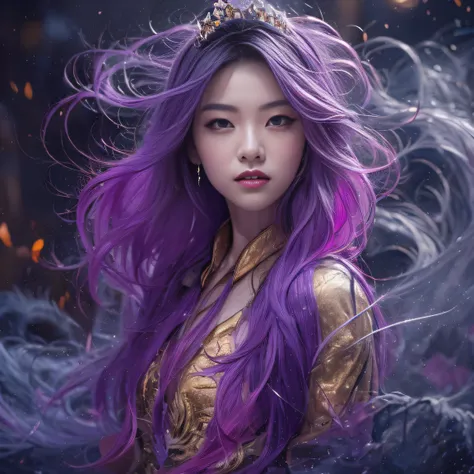 32K（tmasterpiece，k hd，hyper HD，32K）Long flowing bright purple hair，Autumn Pond，zydink， a color， Asian people （Silly girl）， （Silk scarf）， Combat posture， looking at the ground， long whitr hair， Floating bright purple， Fire cloud pattern gold tiara， Chinese ...