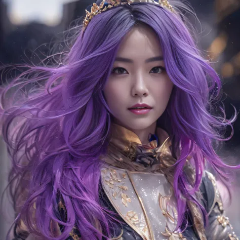 32K（tmasterpiece，k hd，hyper HD，32K）Long flowing bright purple hair，Autumn Pond，zydink， a color， Asian people （Silly girl）， （Silk scarf）， Combat posture， looking at the ground， long whitr hair， Floating bright purple， Fire cloud pattern gold tiara， Chinese ...