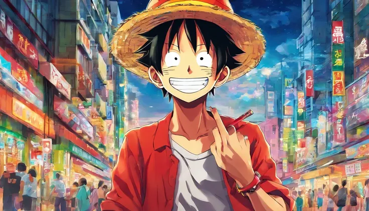 LUFFY com cigarro na boca andando na cidade com dia chuvoso