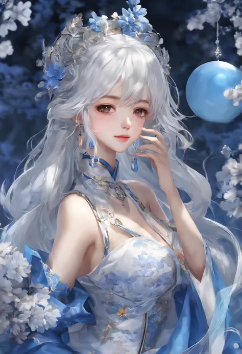 anime girl with a blue and white dress holding a blue ball, onmyoji, onmyoji detailed art, onmyoji portrait, white haired deity, keqing from genshin impact, genshin, from arknights, zhongli from genshin impact, heise jinyao, by Shitao, loong, by Yang J, yu...