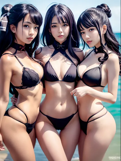 Three beautiful fair-skinned women in bikinis pose for a group photo on the beach, seductive anime girls, beautiful and seductive anime woman, Guviz-style artwork, Perfect white haired girl, Guviz, Beautiful anime girl, ross tran. scenery background, in be...