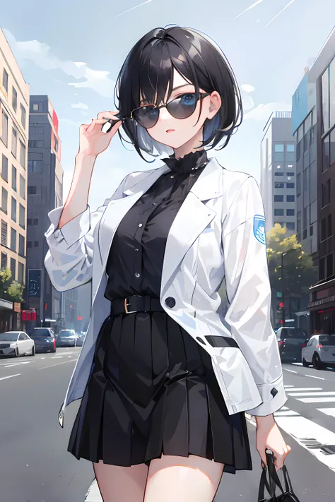 1girl, short black hair, blue eyes, wearing white blouse, jacket, wearing sunglasses, city, absurdres, high res, ultrasharp, 8K, masterpiece, looking at viewer