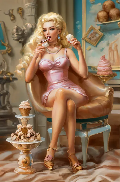 a pin up picture of Barbie as a dominatrix queen eating ice cream (best details, Masterpiece, best quality :1.5), ultra detailed face (best details, Masterpiece, best quality :1.5), ultra feminine (best details, Masterpiece, best quality :1.5), wearing lat...