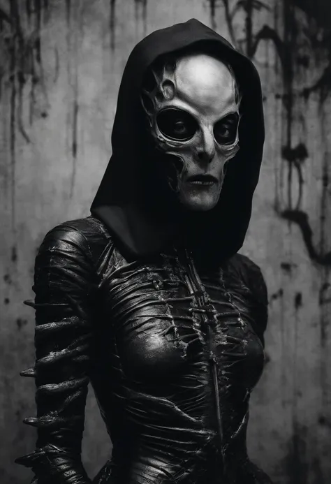 Tiro de medio cuerpo, hyperrealism photography, Beautiful model with avant-garde gelatin xenomorphic nun mask, cubierto de sangre, Renderizado de octanaje