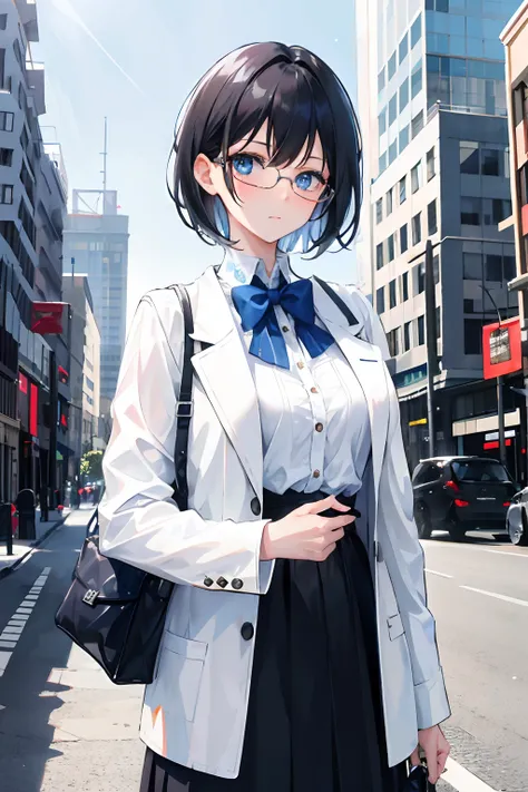 1girl, short black hair, blue eyes, wearing white blouse, jacket, wearing glasses, city, absurdres, high res, ultrasharp, 8K, masterpiece, looking at viewer