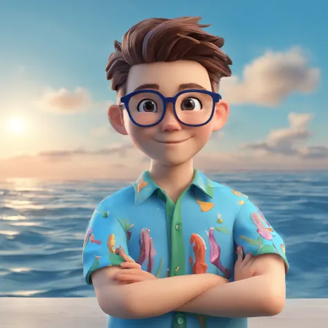 Cute boy with glasses, blue sea、blue open sky、clean back ground, Good luster, 3D rendering of a,Best Quality