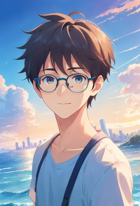 Cute boy with glasses。Blue sea and clear sky