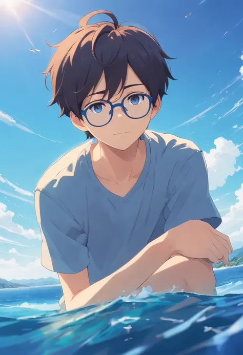 Cute boy with glasses。Blue sea and clear sky