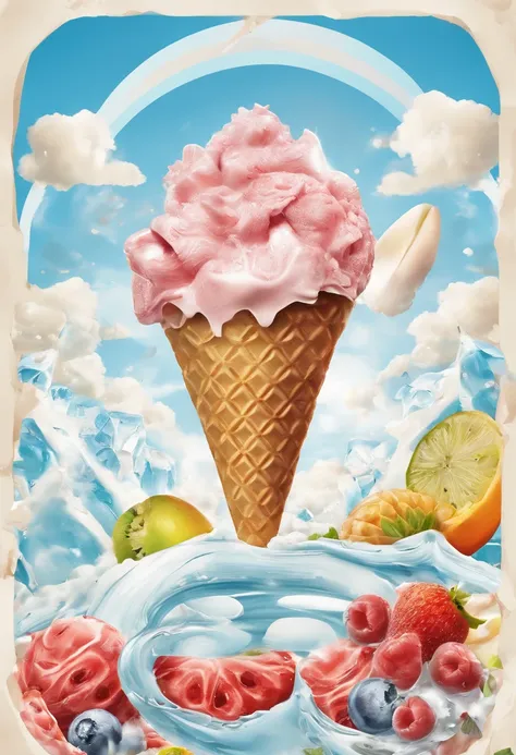 gogo，icecream，the fruits，ice cubes，Splashing water，with blue sky and white clouds