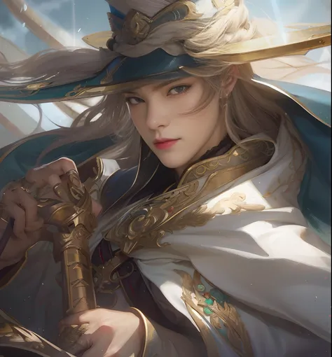 A closeup of a person with a hat and a sword, por Yang J, Heise Jinyao, Zhao Yun, fanart melhor artstation, inspirado por Huang Shen, g estilo de arte liuliano, Keqing de Genshin Impact, Artgerm em ArtStation Pixiv, Artgerm extremamente detalhado, inspirad...