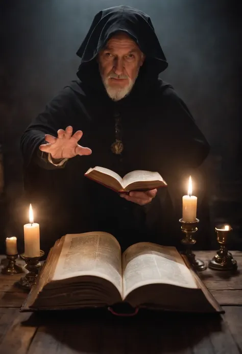 An elderly black-robed magician raised his hands, A circle of magic books was scattered on the ground, Magic books and candles are placed around, Seven mirrors at different angles directly above, Gloomy picture, visions, Depth of field, god light, filmgrai...