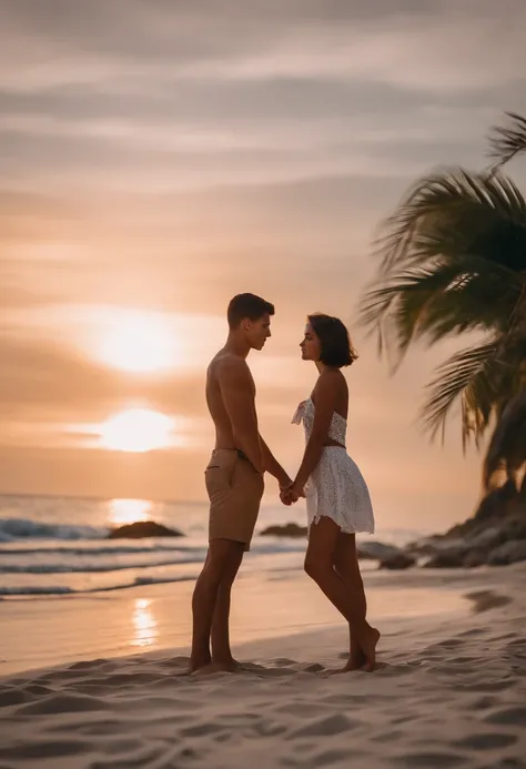 her bf and she are kissing on the beach, she has short hair, tan skin, beautiful face, 15 years old girl. her bf has handsome face, look hot, white skin