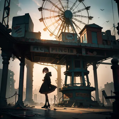 (best quality,4k,highres,masterpiece:1.2),ultra-detailed,(realistic:1.37)
demon girl with glowing eyes and sharp teeth, standing in the center of an abandoned amusement park. The paint on the old rusty carousel and Ferris wheel has faded, revealing a sense...