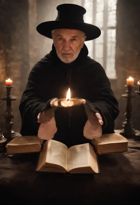 An elderly black-robed magician raised his hands, A circle of magic books was scattered on the ground, Magic books and candles are placed around, Seven mirrors at different angles directly above, Gloomy picture, visions, Depth of field, god light, filmgrai...