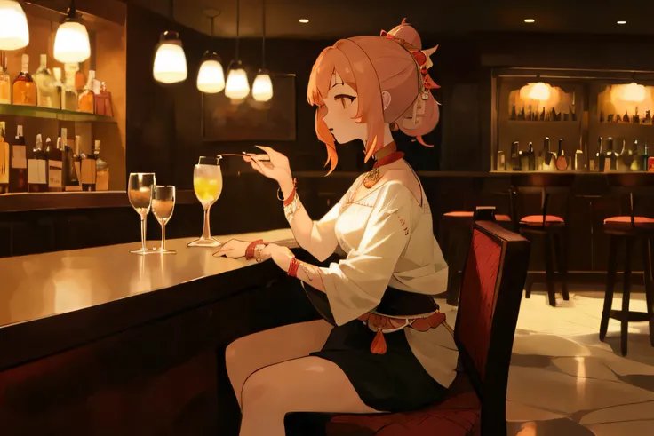 yomiyadef, girl, sitting in bar, glsass in hand, cat near