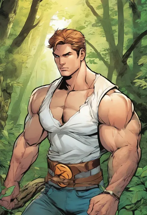 (highres, realistic:1.2),portrait,man,white sleeveless shirt, muscular, tall, handsome, big arms, forest background