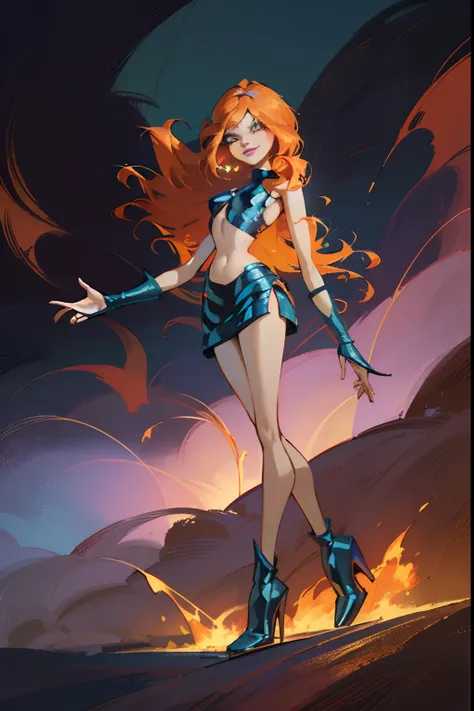 (masterpiece:1.2, best quality, bloom from winx, smug sexy smile, eyes looking away from camera, fullbody dynamic pose, dark cry...