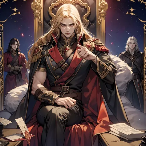 Castlevania Shadow Lord handsome muscular Lord Dracula in the throne room with his soldiers looking into Map of Conquest discussing old cinematic scrolls scenes movie Epic Legendary Perspective