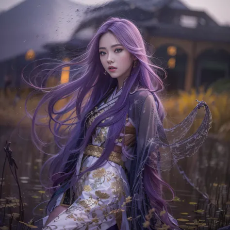 32K（tmasterpiece，k hd，hyper HD，32K）Long flowing bright purple hair，Autumn Pond，zydink， a color， Asian people （Ceramic girl）， （Silk scarf）， Combat posture， looking at the ground， long whitr hair， Floating bright purple， Fire cloud pattern gold tiara， Chines...