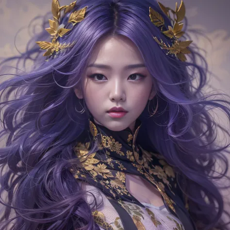 32K（tmasterpiece，k hd，hyper HD，32K）Long flowing bright purple hair，Autumn Pond，zydink， a color， Asian people （Silly girl）， （Silk scarf）， Combat posture， looking at the ground， long whitr hair， Floating bright purple， Fire cloud pattern gold tiara， Chinese ...