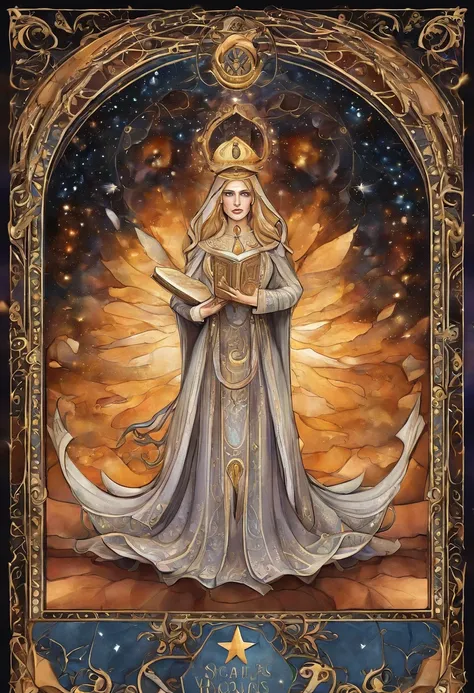 Desenhe uma pintura que interprete a Alta Sacerdotisa do Tarot, incorporating theme of Star vs. the Forces of Evil. Na imagem, the character Star Butterfly is portrayed as the High Priestess, sitting on a magical and imposing throne in her castle in the Ma...