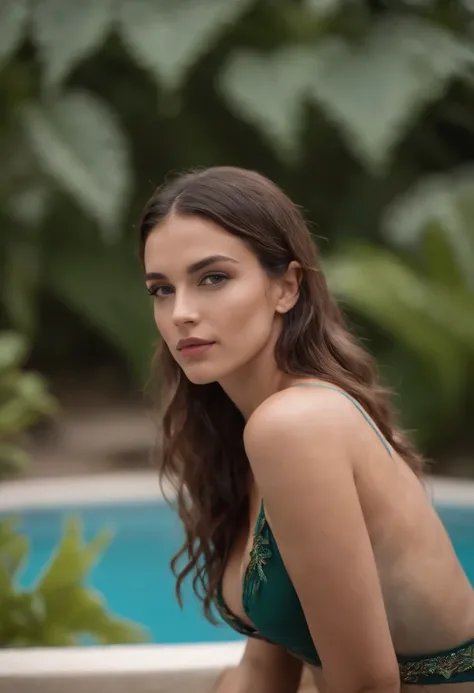 Beautiful Amazonian girl by a pool looking at the camera in a very sexy outfit