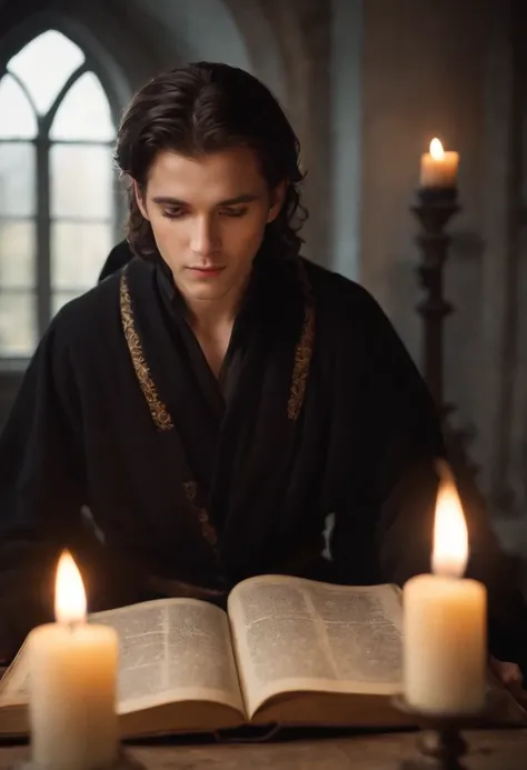 A handsome young wizard in a black robe, A circle of magic books spread out on the ground, Magic books and candles placed around him, Seven mirrors at different angles directly above, Gloomy image, vision, Depth of field, gods light, film grain, Illusion o...