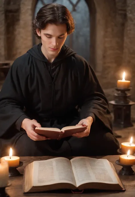 A handsome young wizard in a black robe, A circle of magic books spread out on the ground, Magic books and candles placed around him, Seven mirrors at different angles directly above, Gloomy image, vision, Depth of field, gods light, film grain, Illusion o...