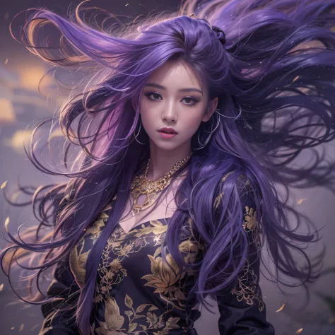 32K（tmasterpiece，k hd，hyper HD，32K）Long flowing bright purple hair，Autumn Pond，zydink， a color， Asian people （Silly girl）， （Silk scarf）， Combat posture， looking at the ground， long whitr hair， Floating bright purple， Fire cloud pattern gold tiara， Chinese ...