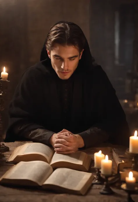 A handsome young wizard in black robes, holy face, Circle of magic books scattered on the ground, Magic books and candles placed around him, Seven mirrors at different angles directly above, Gloomy image, vision, Depth of field, divine light, grain film, O...