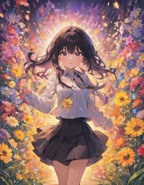 White Shirt Black Skirt Cute Dainty Many colorful flowers Very long hair Beautiful colored eyes Black hair Woman