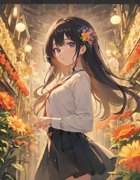 White Shirt Black Skirt Cute Dainty Many colorful flowers Very long hair Beautiful colored eyes Black hair Woman