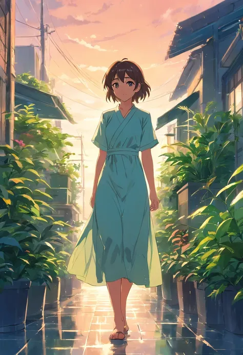 Sky after rain，lots of plants，Girl in long linen dress