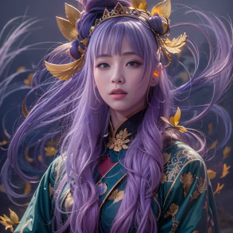 32K（tmasterpiece，k hd，hyper HD，32K）Long flowing bright purple hair，Autumn Pond，zydink， a color， Asian people （Kizi）， （Red scarf）， Combat posture， looking at the ground， long whitr hair， Floating bright purple， Fire cloud pattern gold tiara， Chinese long-sl...