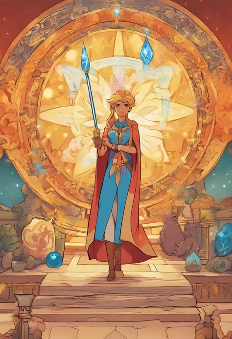 Crie uma pintura que interprete a carta do O Mago do Tarot, incorporating theme of Star vs. the Forces of Evil. Na cena, Star Butterfly is portrayed as The Wizard, A powerful and wise figure of the magical world. She is standing before a magical altar at M...