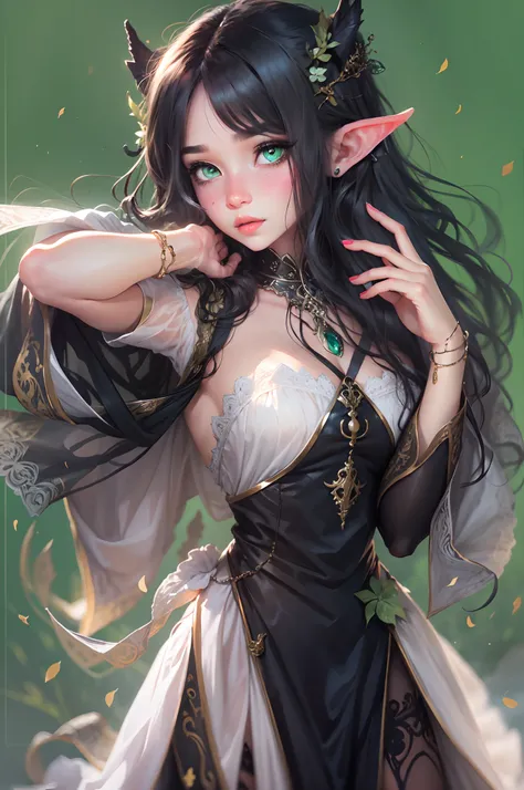 Beautiful girl with green eyes, Long black hair, elf ears, Beautiful girl in dress, fantasy-inspired.