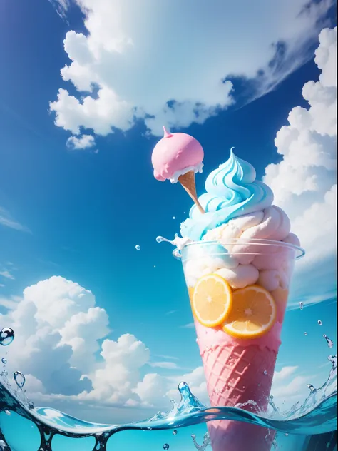 gogo，icecream，the fruits，ice cubes，Splashing water，with blue sky and white clouds