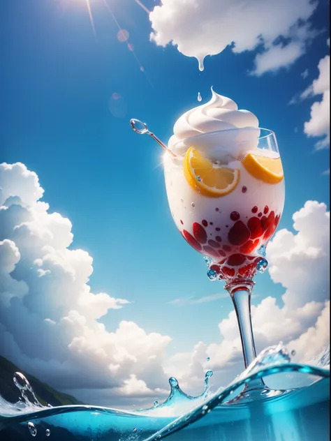 goblet，icecream，the fruits，ice cubes，Splashing water，with blue sky and white clouds