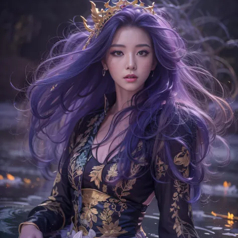 32K（tmasterpiece，k hd，hyper HD，32K）Long flowing bright purple hair，Autumn Pond，zydink， a color， Asian people （Kizi）， （Red scarf）， Combat posture， looking at the ground， long whitr hair， Floating bright purple， Fire cloud pattern gold tiara， Chinese long-sl...