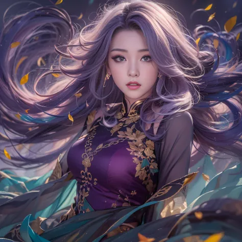 32K（tmasterpiece，k hd，hyper HD，32K）Long flowing bright purple hair，Autumn Pond，zydink， a color， Asian people （Kizi）， （Red scarf）， Combat posture， looking at the ground， long whitr hair， Floating bright purple， Fire cloud pattern gold tiara， Chinese long-sl...