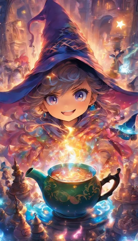 comic strip，Masterpiece, Best quality, Wizard Tea Party, Magic Tea Party, magic, tchibi, Handsome witch, Highly detailed realistic eyes, cheerfulness, vibrant, Colorful,