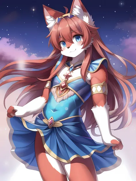 masterpiece, soft shading, 1boy, Furry, kemono, furry cat, anthropomorphic, male, red fur, red skin, blue eyes, magical girl theme, long hair, revealing clothes, magical girl outfit, blue magical girl dress, femboy, sexy pose, uploaded on e621,